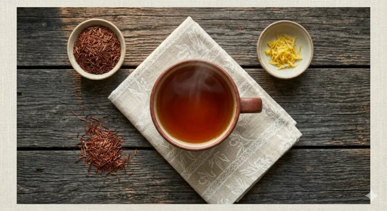 Xícara de chá fumegante sobre guardanapo de linho, acompanhada por tigelas com folhas de rooibos e raspas de limão em uma mesa de madeira rústica.