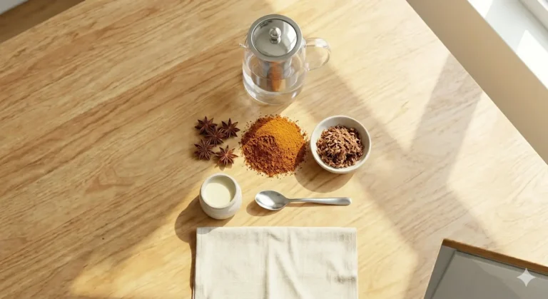 Top view of spices, cinnamon powder, milk, and a glass teapot on a wooden table, illuminated by soft sunlight streaming through the window.