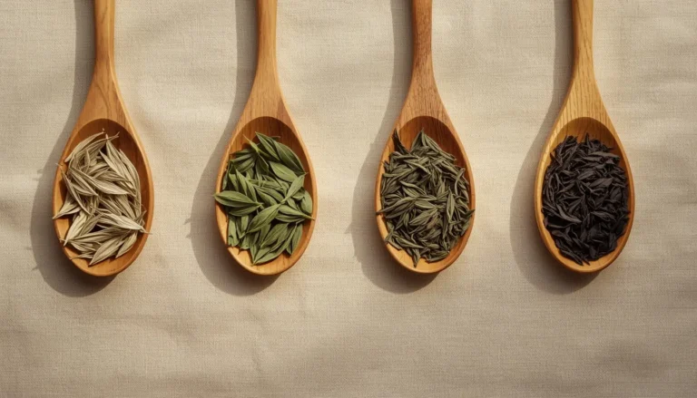 Wooden spoons with various dried herbs—green leaves, seeds, and spices—artistically arranged on a light background.