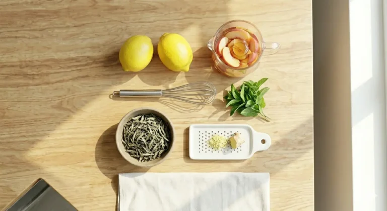 Mesa de madeira com limões, ervas frescas, chá verde, gengibre e utensílios de cozinha prontos para preparar uma bebida refrescante.