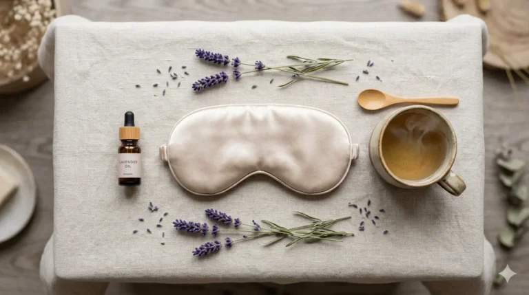 Silk sleep mask with lavender essential oil, a cup of coffee, and lavender sprigs on a linen towel.