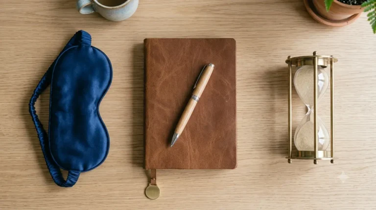 A wooden table with a leather notebook, an elegant pen, an hourglass, and a blue sleep mask.