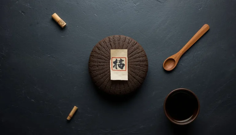 Pu-erh tea cake with Chinese character 'Fu' and tea ceremony tools