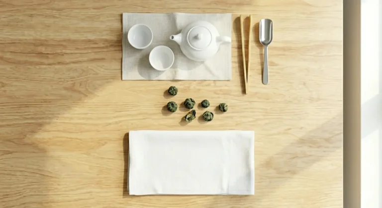 Oolong tea set with teapot, cups, and tea leaves on a wooden table