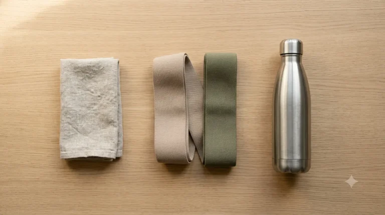 Conjunto de itens de estilo de vida minimalista: toalha de linho, faixas elásticas em tons neutros e garrafa de água de aço inoxidável.
