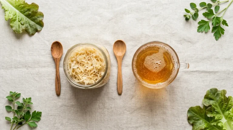 Fermented foods and drink for gut health: sauerkraut, herbs, lettuce