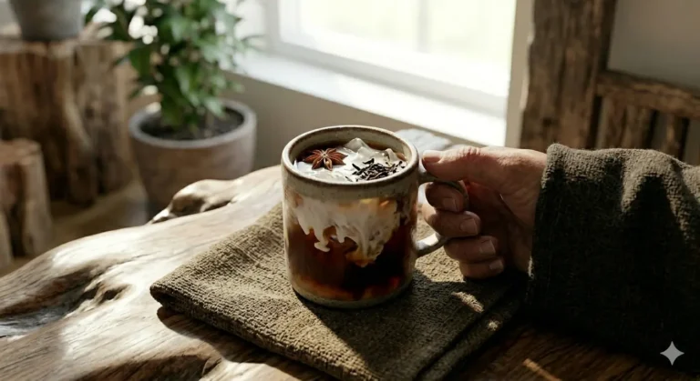 Mão segurando uma caneca de cerâmica com café gelado, creme, especiarias e gelo, sobre um pano rústico em uma mesa de madeira iluminada pelo sol.