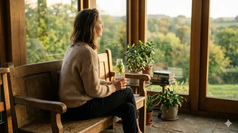 A woman in a beige sweater sits on a wooden bench, holding a bottle of water with lemon and looking out the window at a sunny, green landscape.