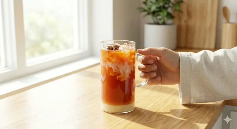 Mão segurando uma caneca de vidro com chá gelado, leite, gelo e especiarias sobre uma mesa de madeira clara, próxima a uma janela iluminada.