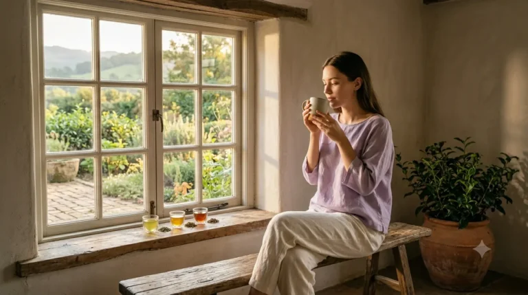 A young, serene woman sitting on a wooden bench, holding a cup of tea near a sunny window overlooking a green garden.