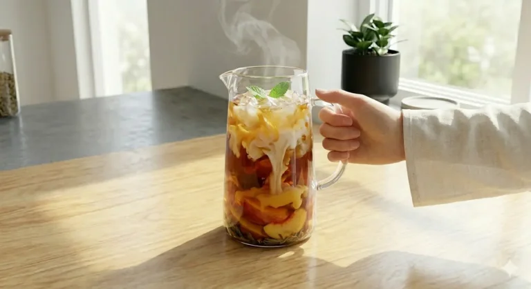 A pitcher of iced tea with fresh fruit and steam, being served on a light wooden table, illuminated by natural light.