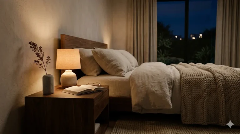 Quarto aconchegante iluminado suavemente, com cama arrumada, mesa de cabeceira e um livro aberto ao lado de um vaso decorativo.