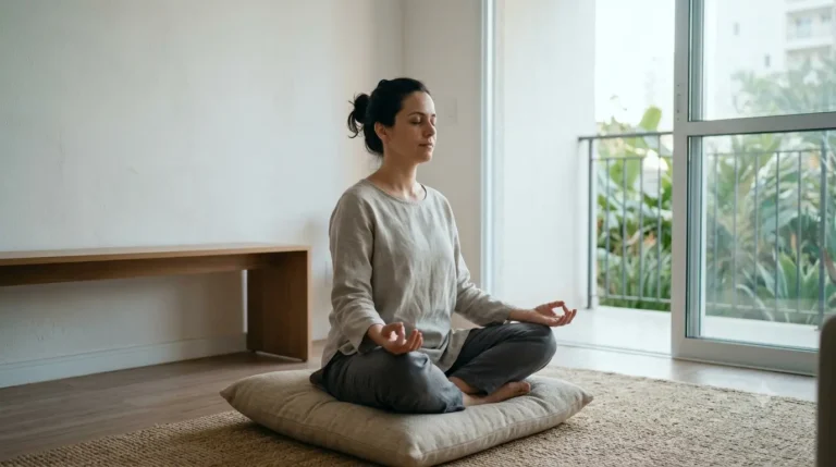 Woman meditating in a serene room, promoting mental wellness and sleep for anxiety relief.