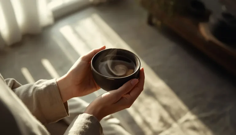Hands holding a steaming bowl of Pu-erh tea, with sunlight filtering through