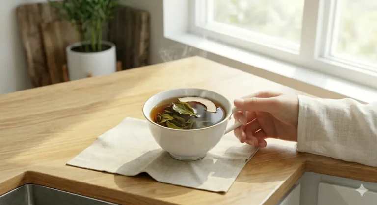 Steaming cup of oolong tea with fresh leaves and a slice of mushroom on a wooden counter