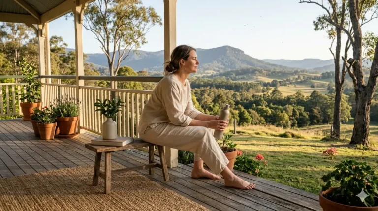 Woman relaxing on a balcony, holding a bottle, with a view of mountains and lush nature in the background.