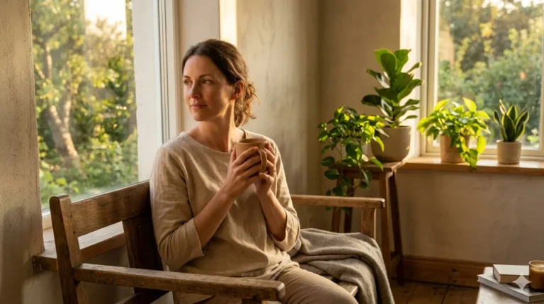 Woman with mug by window, contemplating gut health and microbiome