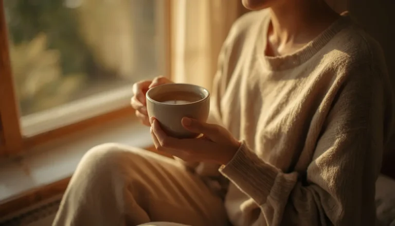 Woman enjoying delicate white tea by a sunlit window