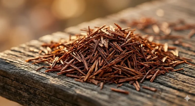 A small mound of reddish, dried rooibos tea leaves rests on a rustic wooden surface under a warm, soft light.