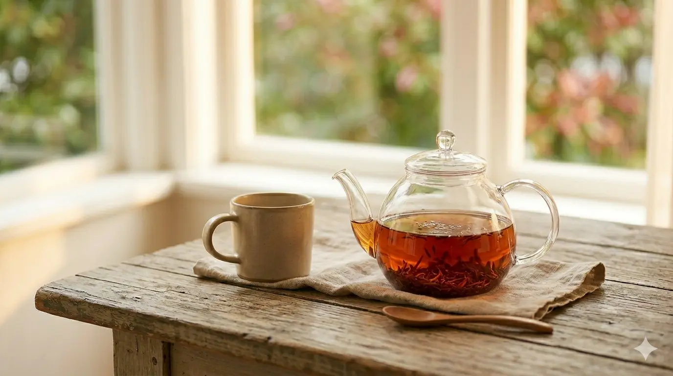 A glass teapot with hot tea and a ceramic mug on a rustic wooden table, illuminated by the soft light from a window in the background.