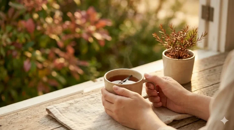 Hands hold a steaming cup of tea over a wooden table, with a small plant nearby, bathed in the soft, golden light of late afternoon.