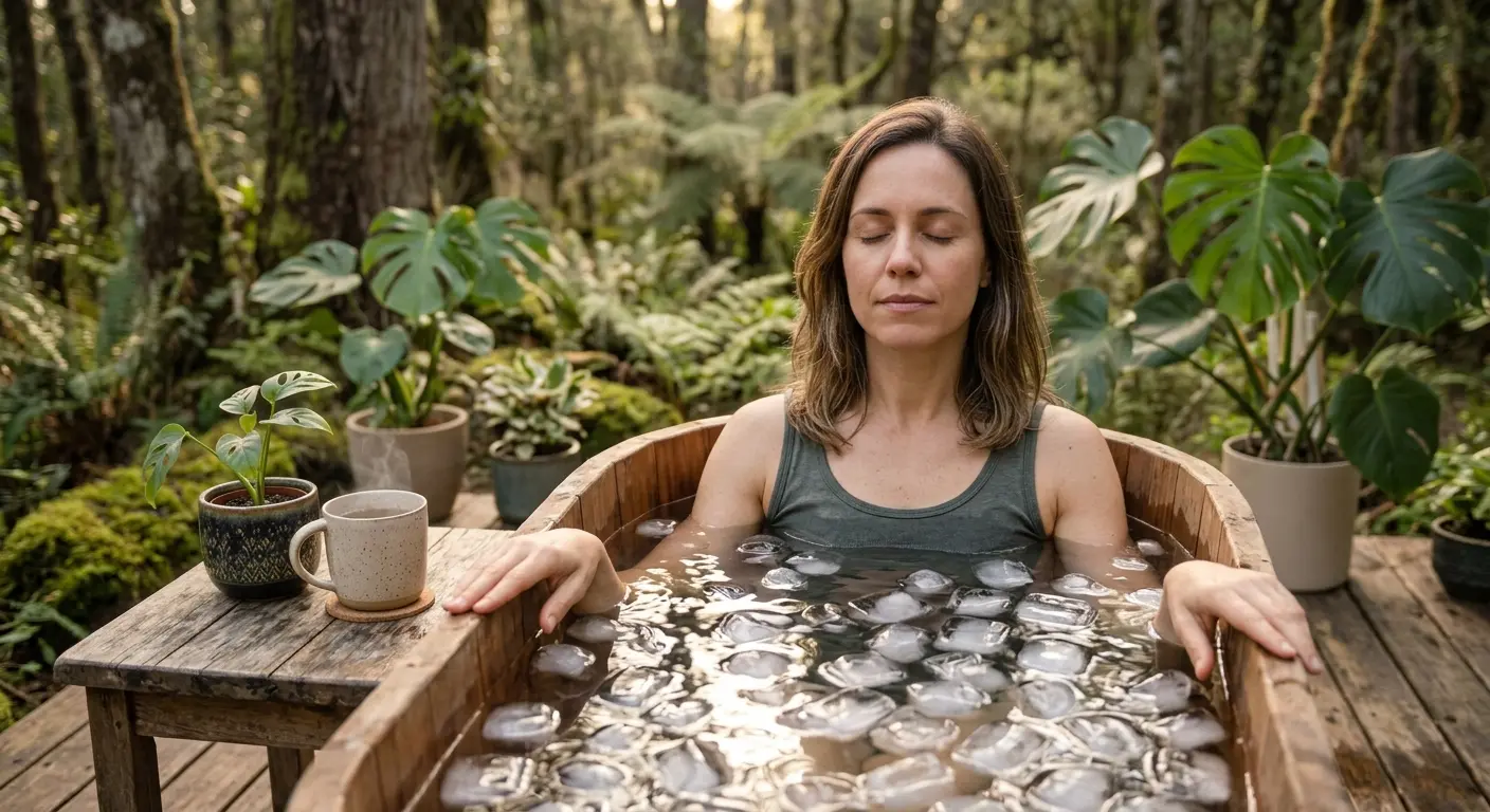 Mulher meditando em uma tina de madeira cheia de gelo e água, em um cenário de floresta exuberante.