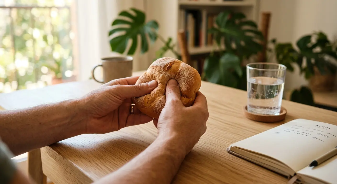 Mãos apertando um croissant sobre uma mesa de madeira, com um copo d'água e um caderno.