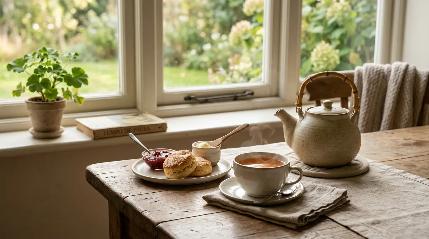 Traditional British tea time with scones, jam, clotted cream, and teapot