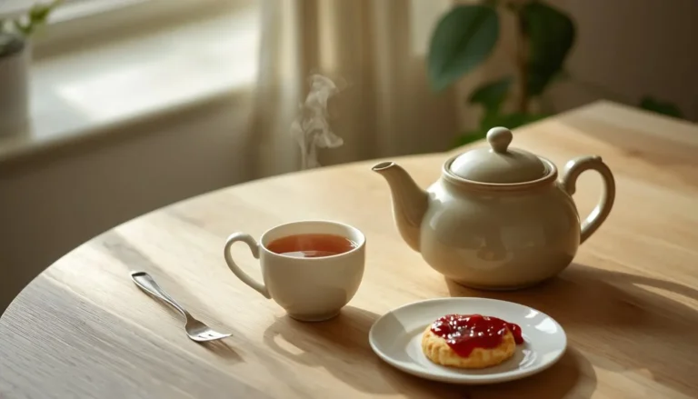 Steaming cup of tea, teapot, and scone with jam, set for a British tea time.