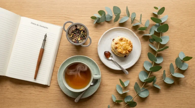 Steaming cup of tea, scone with jam, and open notebook for British tea tradition