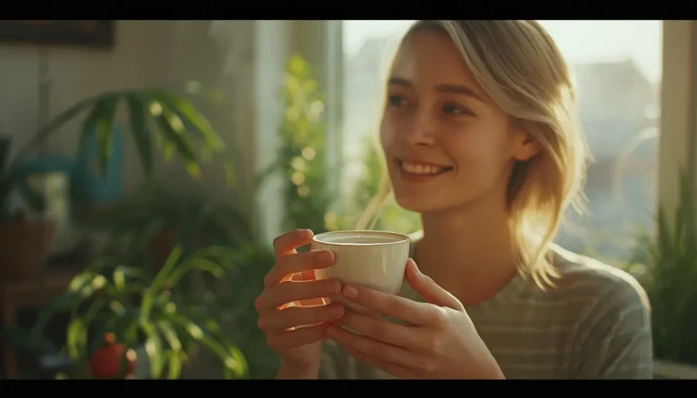 Young woman smiling and holding a cup of tea by a sunlit window.