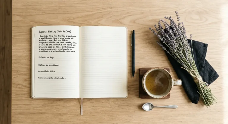 Caderno aberto com anotações sobre autocuidado, café e lavanda