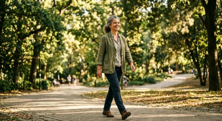Mulher caminhando em um parque, dia ensolarado, árvores, caminho