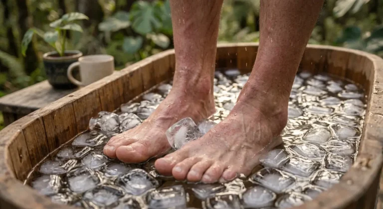 Pés de um homem em uma tina de madeira cheia de água com gelo para um banho de imersão em água fria.