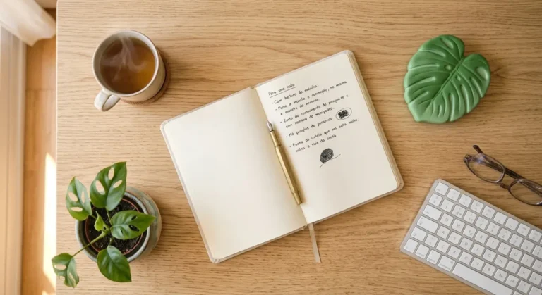 Caderno com anotações, xícara de chá, planta, teclado e óculos sobre uma mesa de madeira.