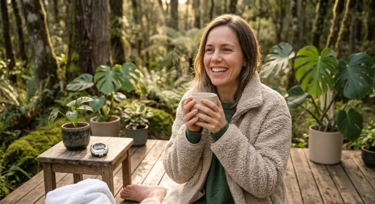 Woman smiling with a warm drink in a lush forest setting