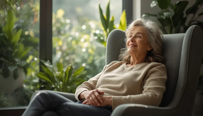 Mulher relaxando em uma poltrona com plantas e luz natural