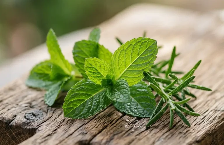 Fresh sprigs of mint and rosemary arranged on a rustic wooden board, illuminated by soft light.