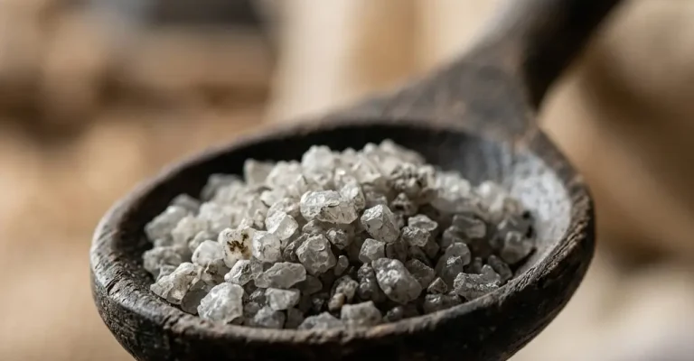 A rustic wooden spoon holding irregular, grey sea salt crystals, with a detailed focus on the granular texture and a blurred background.