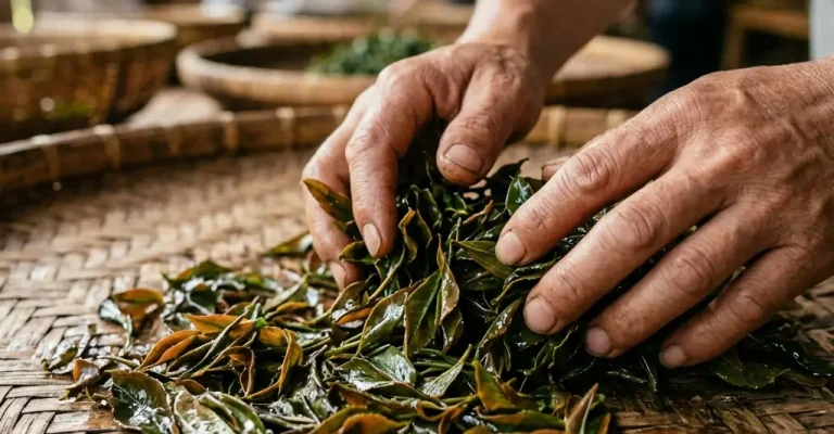 Experienced hands delicately handle fresh tea leaves over a woven bamboo sieve in an artisanal processing environment.