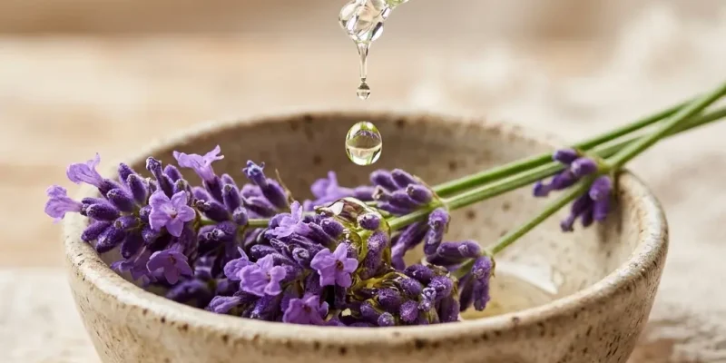 A dropper pouring essential oil onto lavender flowers in a ceramic bowl, creating a relaxing atmosphere.