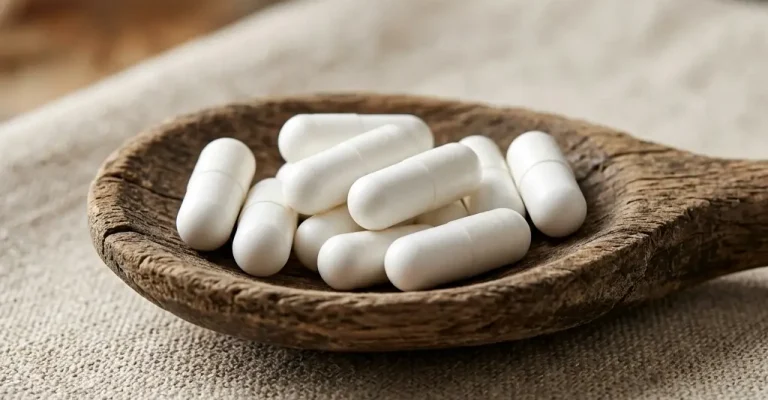 White capsules arranged on a wooden spoon atop a linen cloth, evoking health and well-being.