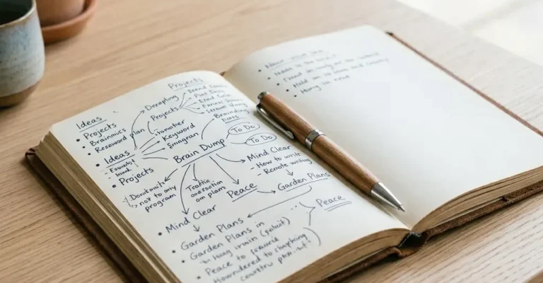 Open notebook with notes on ideas and projects, a pen alongside, on a light-colored wooden table; well-lit setting.