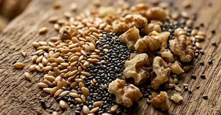 Pile of flax seeds, chia seeds, and walnuts on a wooden surface