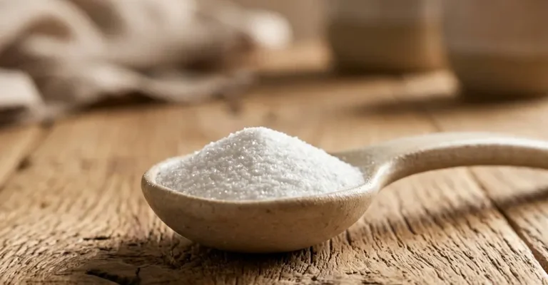 A wooden spoon with white sugar on a rustic wooden table, with a blurred background of kitchen utensils.